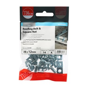 Timco M6 x 12mm Roofing Bolt & Square Nut Zinc - Pack 14