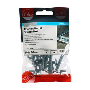 Timco M6 x 40mm Roofing Bolt & Square Nut Zinc - Pack 8