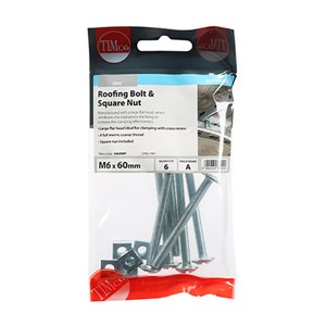 Timco M6 x 60mm Roofing Bolt & Square Nut Zinc - Pack 6