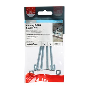 Timco M6 x 80mm Roofing Bolt & Square Nut Zinc - Pack 4