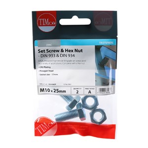 Timco M10 x 25mm Grade 8.8 Set Screw & Hex Nut Zinc - Pack 2