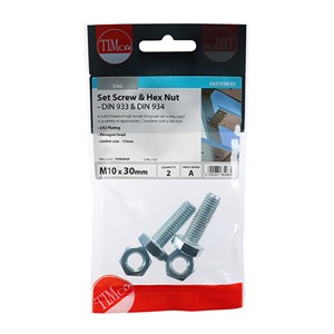 Timco M10 x 30mm Grade 8.8 Set Screw & Hex Nut Zinc - Pack 2