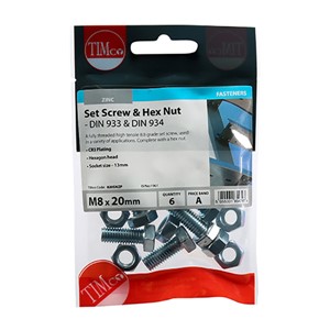 Timco M8 x 20mm Grade 8.8 Set Screw & Hex Nut Zinc - Pack 6