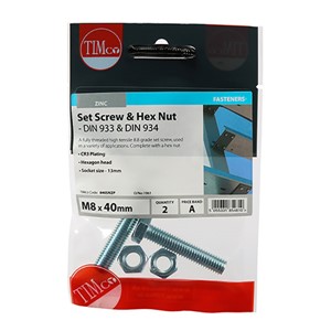 Timco M8 x 40mm Grade 8.8 Set Screw & Hex Nut Zinc - Pack 2