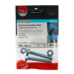 Timco M8 x 50mm Grade 8.8 Set Screw & Hex Nut Zinc - Pack 2