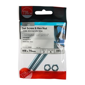 Timco M8 x 70mm Grade 8.8 Set Screw & Hex Nut Zinc - Pack 2