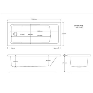 Pi 1700mm x 750mm Single Ended Bath - White