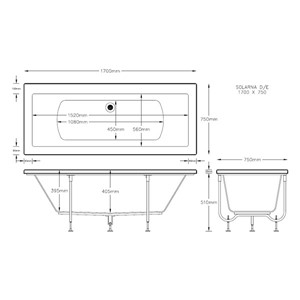 Rho 1700mm x 750mm Double Ended Bath - White