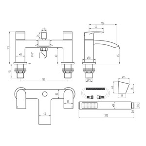 Psi 2 Tap Hole Bath Shower Mixer with Slide Rail & Shower Head - Chrome
