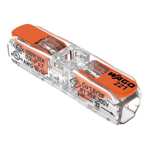 Wago 221 Series Inline Compact Lever 2-Wire Through Connector - 221-2411